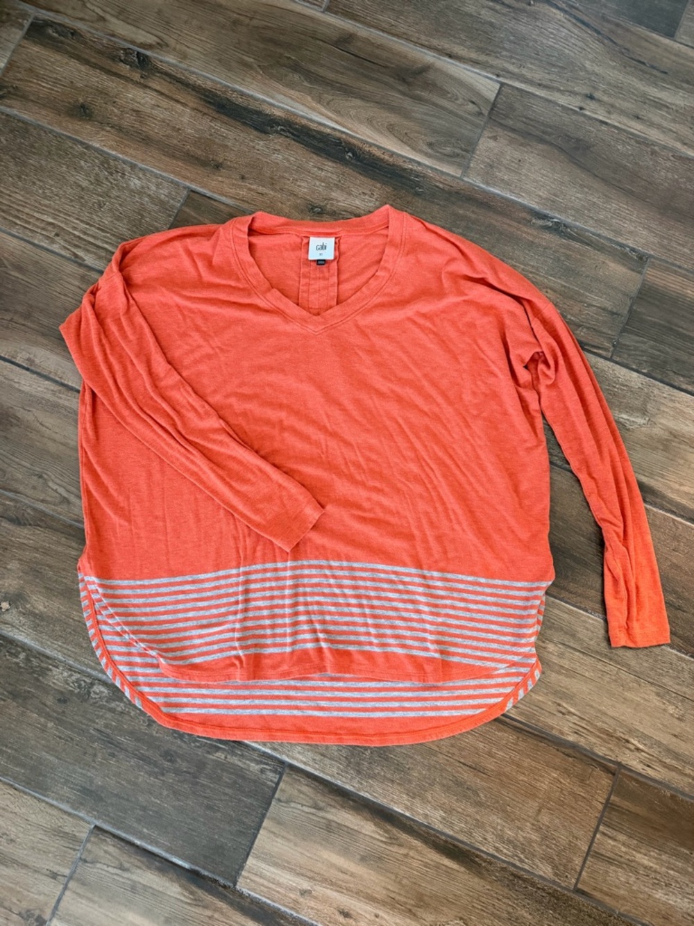 CAbi Orange V-Neck Tunic with White Stripe Hem